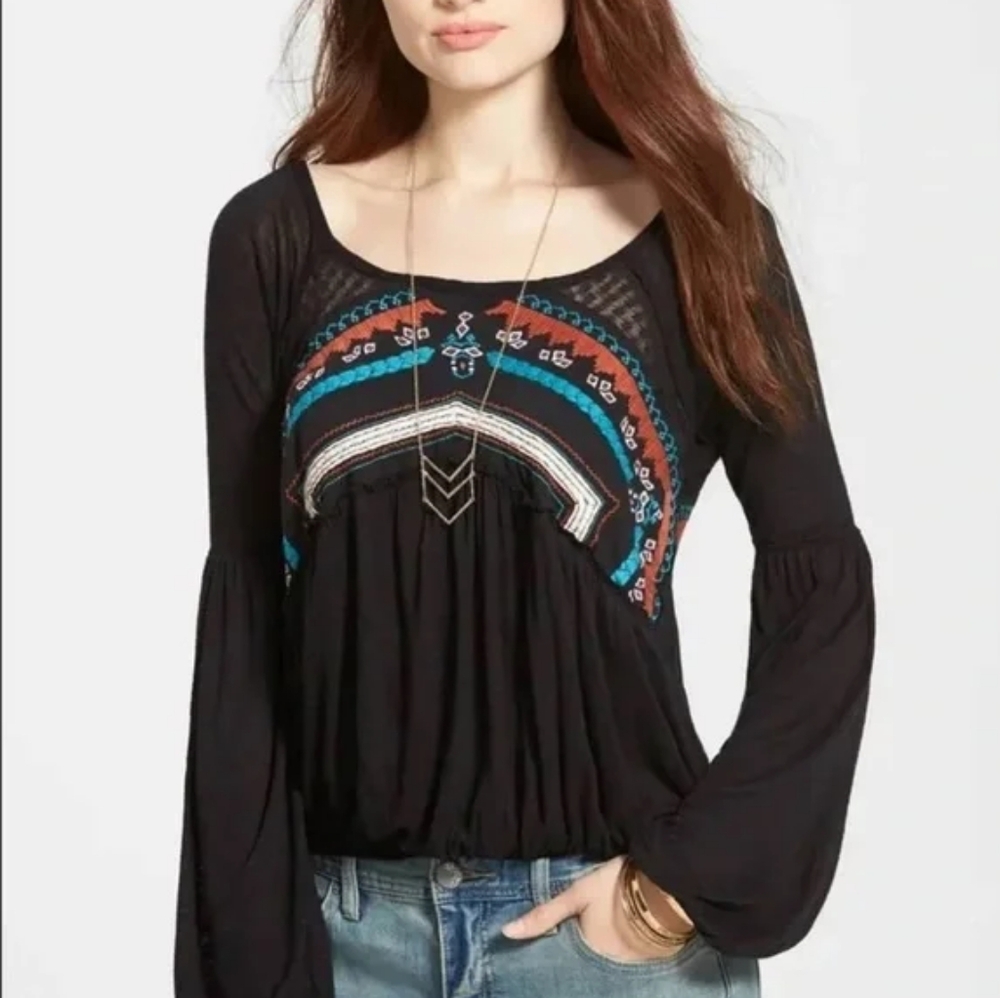 Free People - Aztec Boho Long Sleeve Embroidered Peasant Blouse - Size M